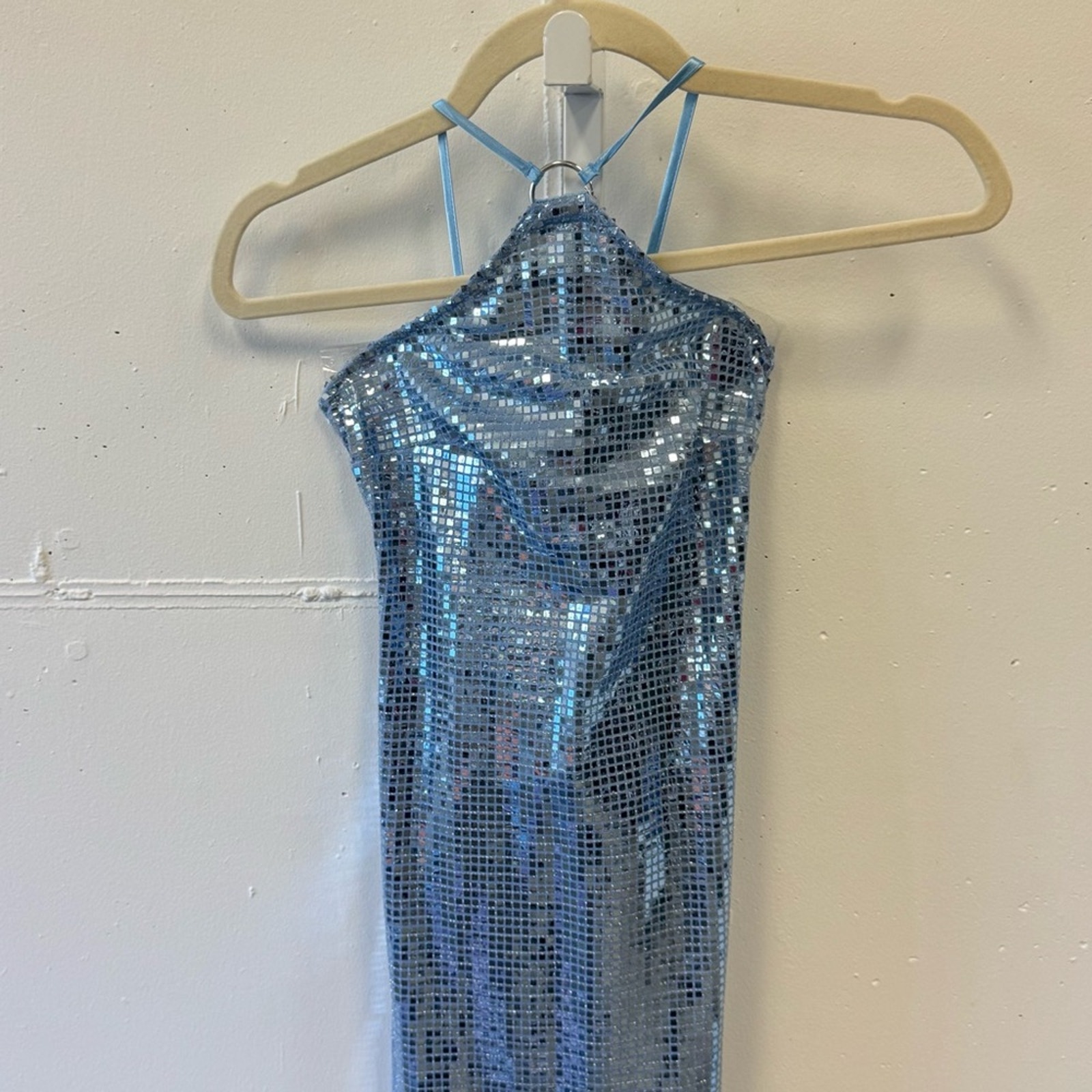 Nwt Hosbjerg Sequin Melina Halter Bodycon Midi Dress Winter Sky Blue Xs Stretch — image 4 of 8